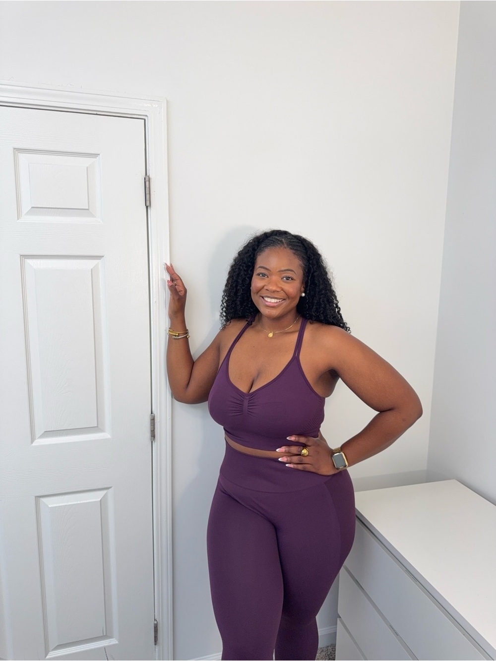 Ruched Plunge Sports Bra & High-Waist Leggings Set - Plum